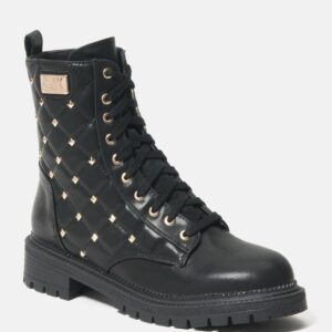 Bebe Women's Dorienne B Quilted Combat Boots, Size 6 in BLACK FAUX Synthetic