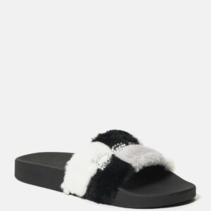 Bebe Women's Fantasia Faux Fur Slides Shoe, Size 6 in BLACK WHITE GREY Synthetic