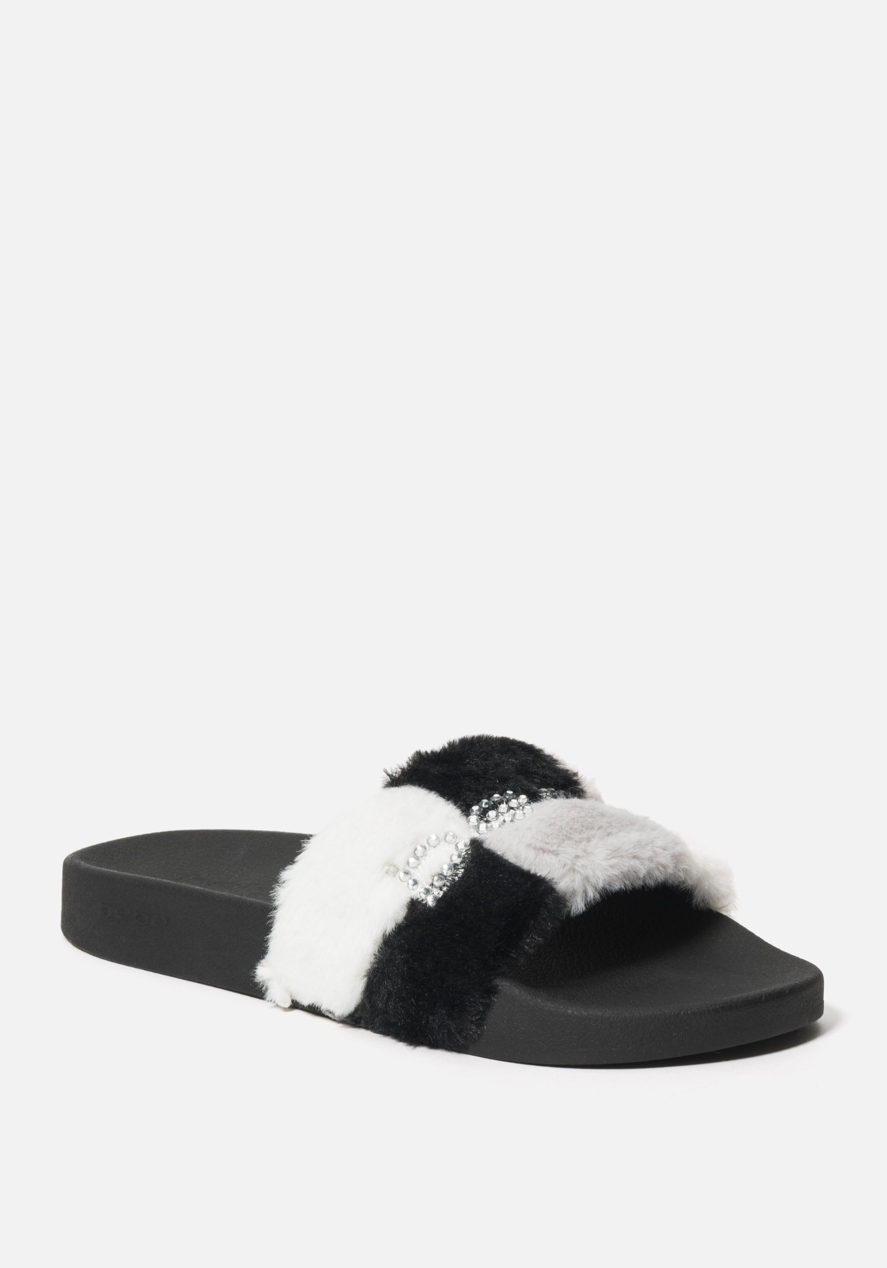 Bebe Women's Fantasia Faux Fur Slides Shoe, Size 11 in BLACK WHITE GREY Synthetic