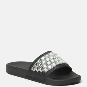 Bebe Women's Flashie Metallic Slides Shoe, Size 8 in BLACK Synthetic