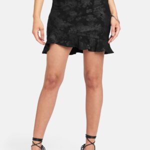 Bebe Women's Printed Coated Ruffle Mini Skirt, Size 0 in Black Spandex/Nylon
