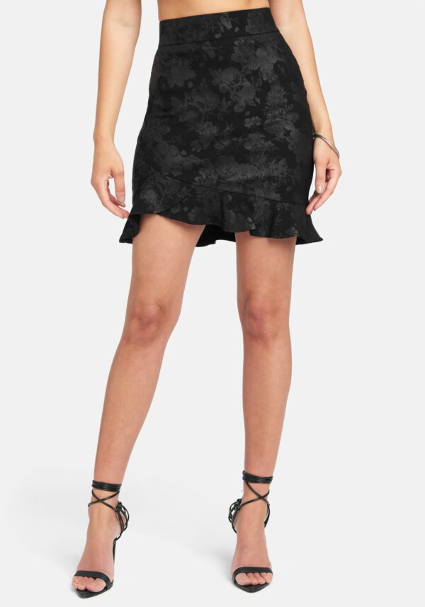 Bebe Women's Printed Coated Ruffle Mini Skirt, Size 0 in Black Spandex/Nylon