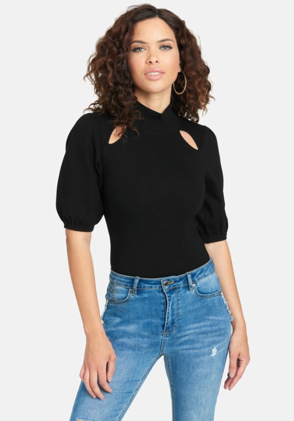 Bebe Women's Front Cutout Mock Neck Sweater, Size XL in Black Viscose/Nylon