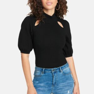 Bebe Women's Front Cutout Mock Neck Sweater, Size Medium in Black Viscose/Nylon