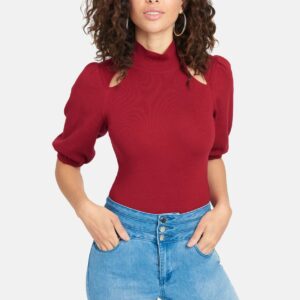 Bebe Women's Front Cutout Mock Neck Sweater, Size Large in Cerise Viscose/Nylon