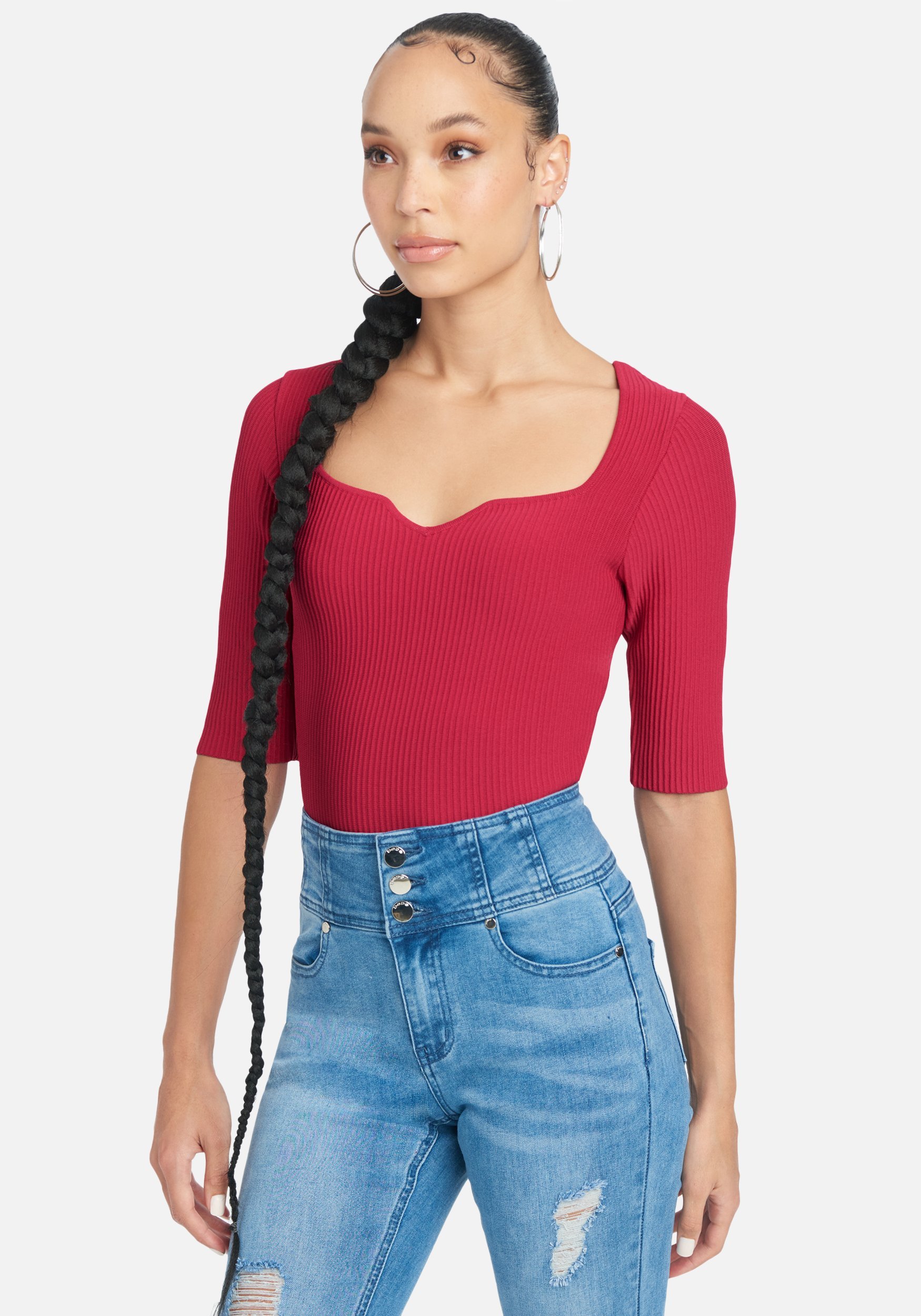 Bebe Women's Sweetheart Neck Sweater Top, Size Large in Cerise Viscose/Nylon