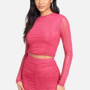 Bebe Women's 4 Way Stretch Mesh Ruched Top, Size Medium in Cerise Spandex
