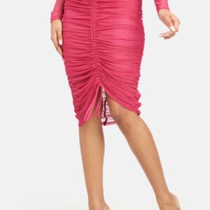 Bebe Women's 4 Way Stretch Mesh Ruched Skirt, Size Medium in Cerise Spandex