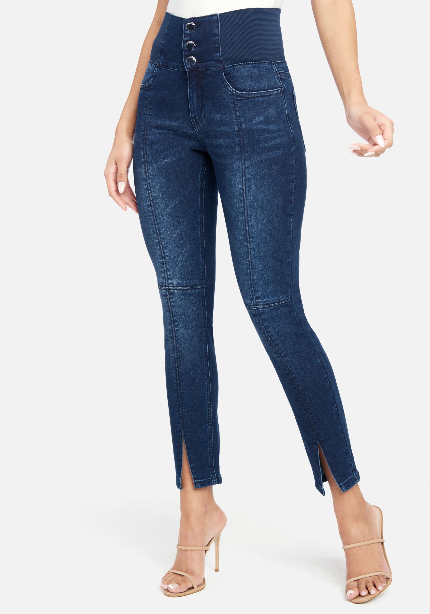 Bebe Women's High Waisted Elastic Waist Jeans, Size 29 in Dark Indigo Wash Cotton/Spandex
