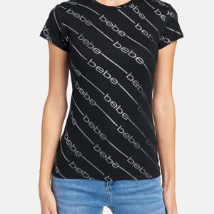 Women's Allover Bebe Foil Tee Shirt, Size XL in Black/Silver Spandex