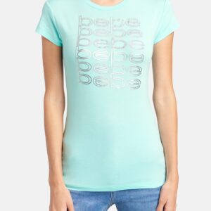 Women's Bebe Mirror Glitter Foil Tee Shirt, Size Small in Fair Aqua Spandex