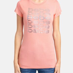 Women's Bebe Mirror Glitter Foil Tee Shirt, Size Large in Flamingo Spandex