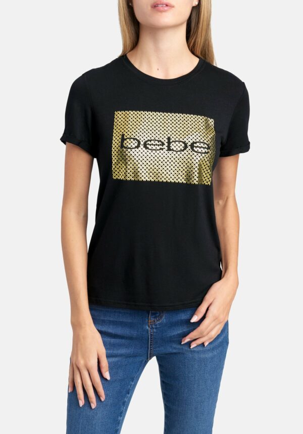 Women's Bebe Logo Square Foil Tee Shirt, Size Small in Black Spandex
