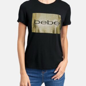 Women's Bebe Logo Square Foil Tee Shirt, Size Large in Black Spandex