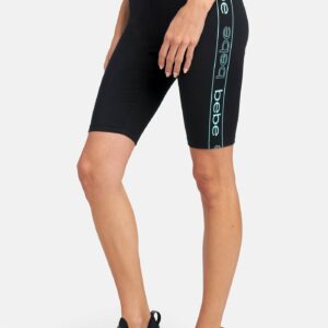 Women's Bebe Logo Side Taping Bike Shorts, Size XL in Black/Aqua Spandex