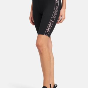 Women's Bebe Logo Side Taping Bike Shorts, Size Large in Black/Pink Spandex