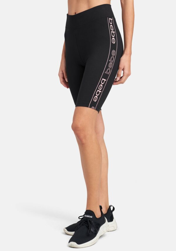 Women's Bebe Logo Side Taping Bike Shorts, Size XL in Black/Pink Spandex