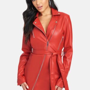 Bebe Women's Faux Leather Moto Jacket Dress, Size Large in True Red