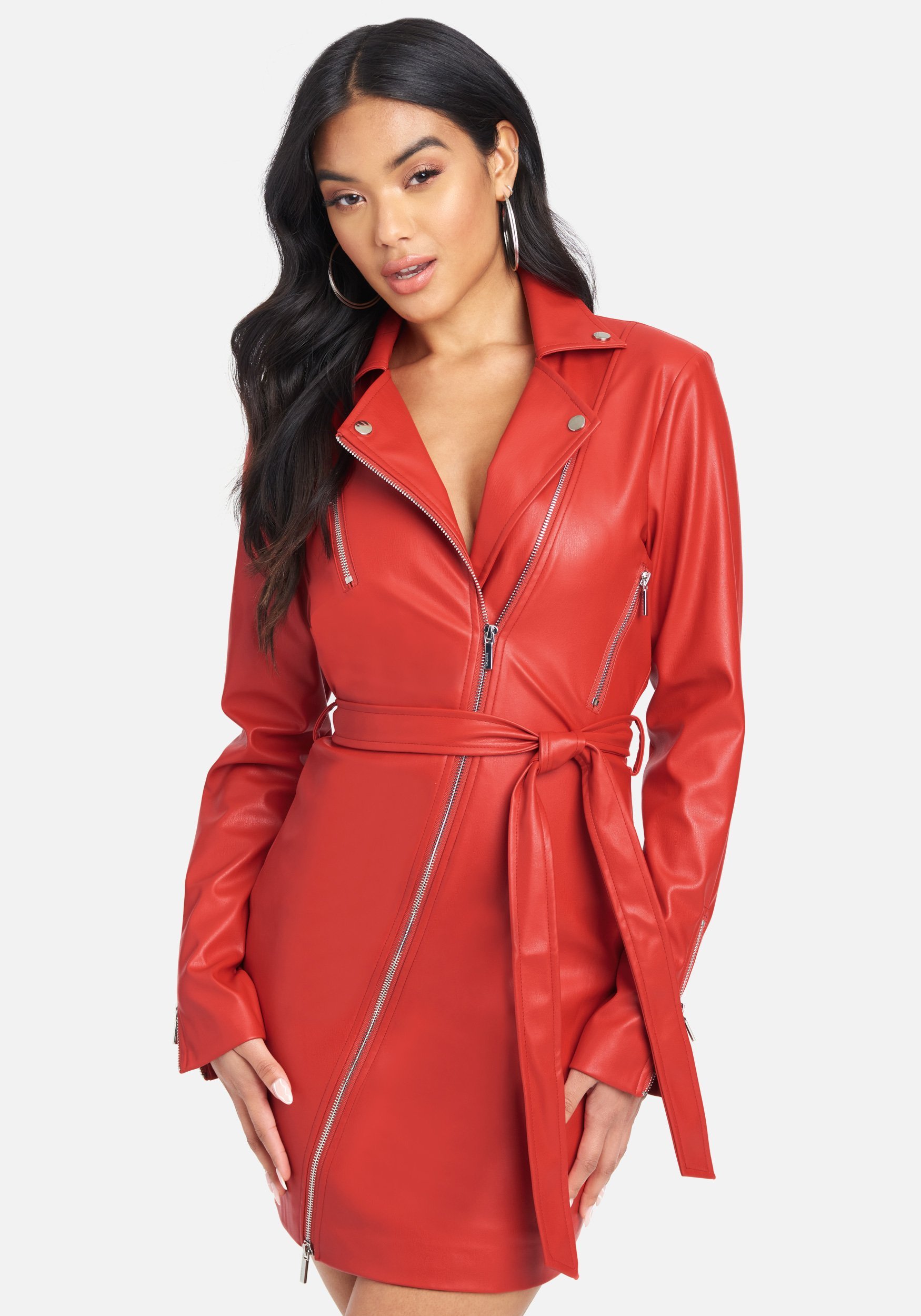 Bebe Women's Faux Leather Moto Jacket Dress, Size XXS in True Red