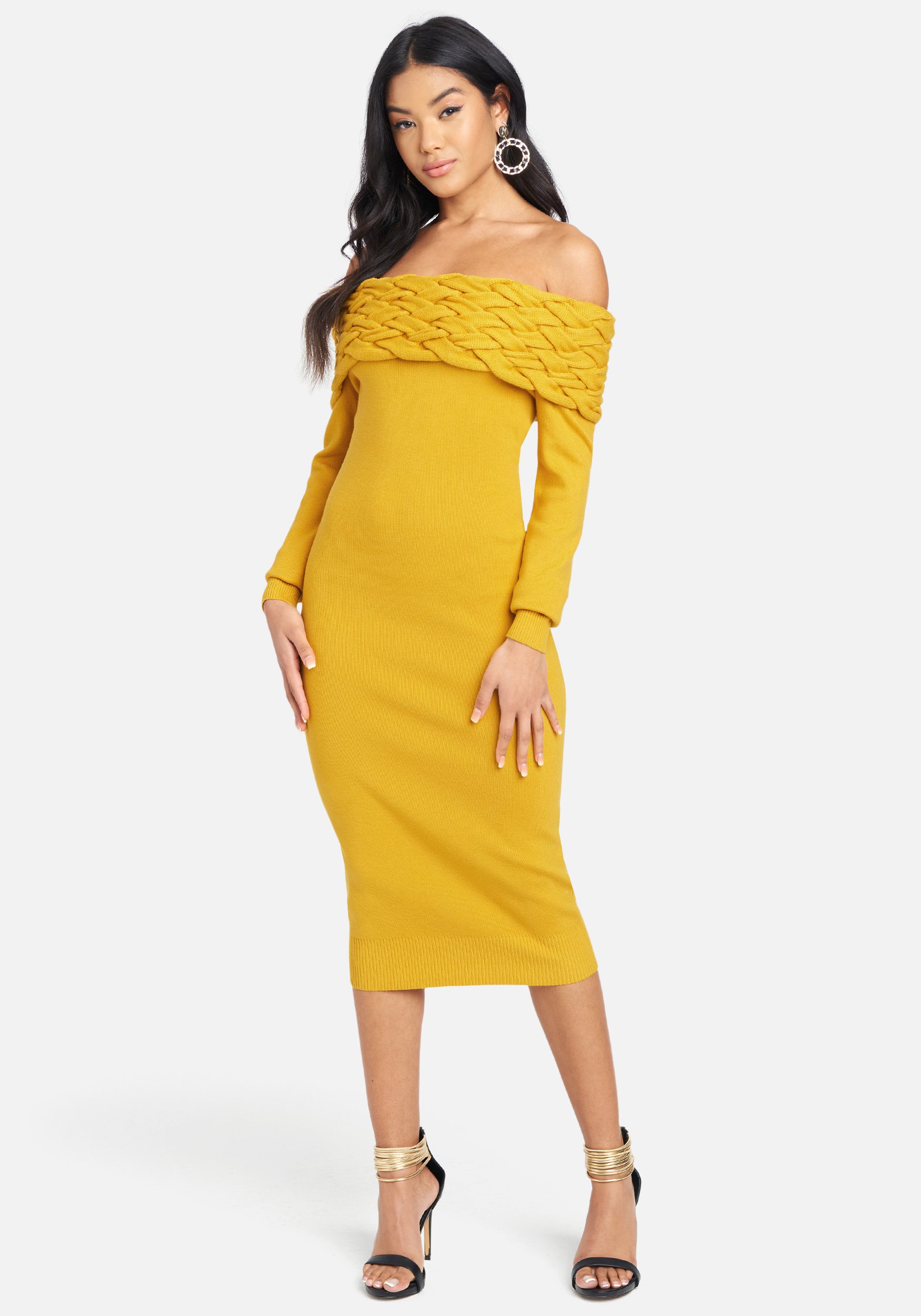Bebe Women's Off Shoulder Cable Knit Dress, Size Small in Sunflower Viscose