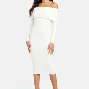 Bebe Women's Off Shoulder Cable Knit Dress, Size XXS in White Viscose