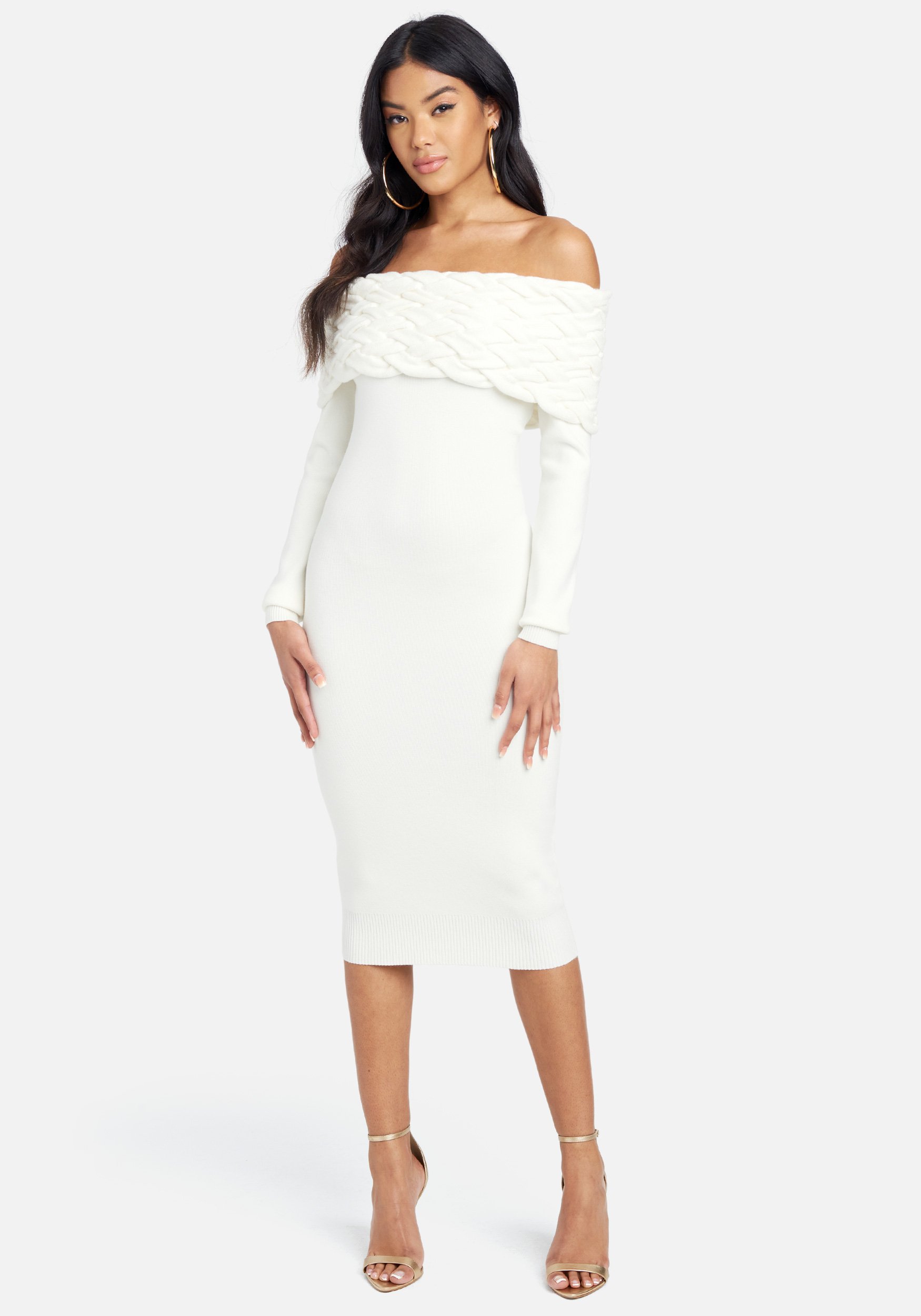 Bebe Women's Off Shoulder Cable Knit Dress, Size Medium in White Viscose