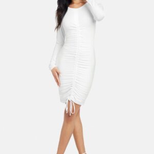 Bebe Women's Drawstring Front Mini Dress, Size XL in Egret Viscose