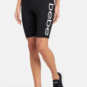 Women's Bebe Logo Biker Shorts, Size Small in Black/White Spandex