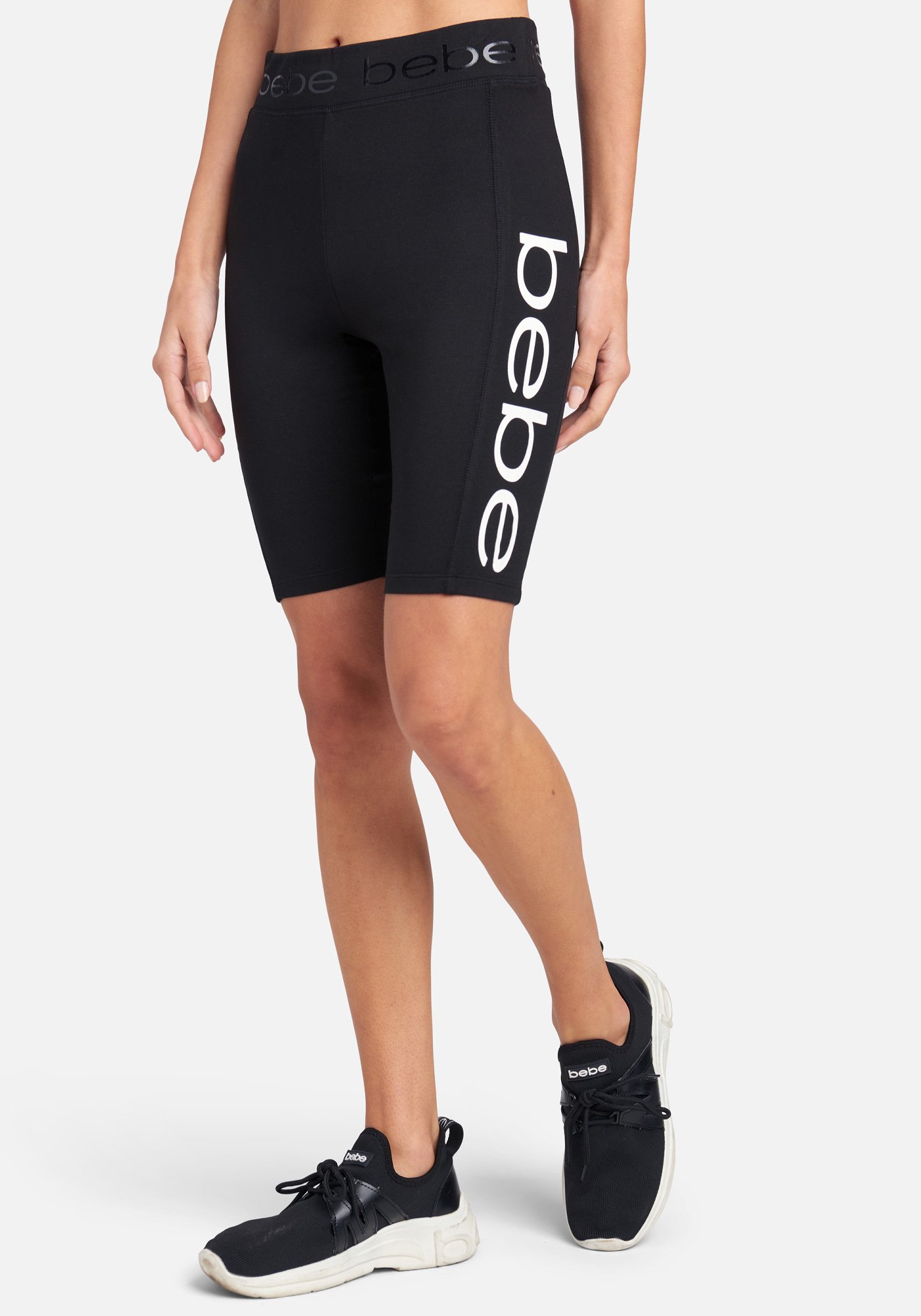 Women's Bebe Logo Biker Shorts, Size Large in Black/White Spandex