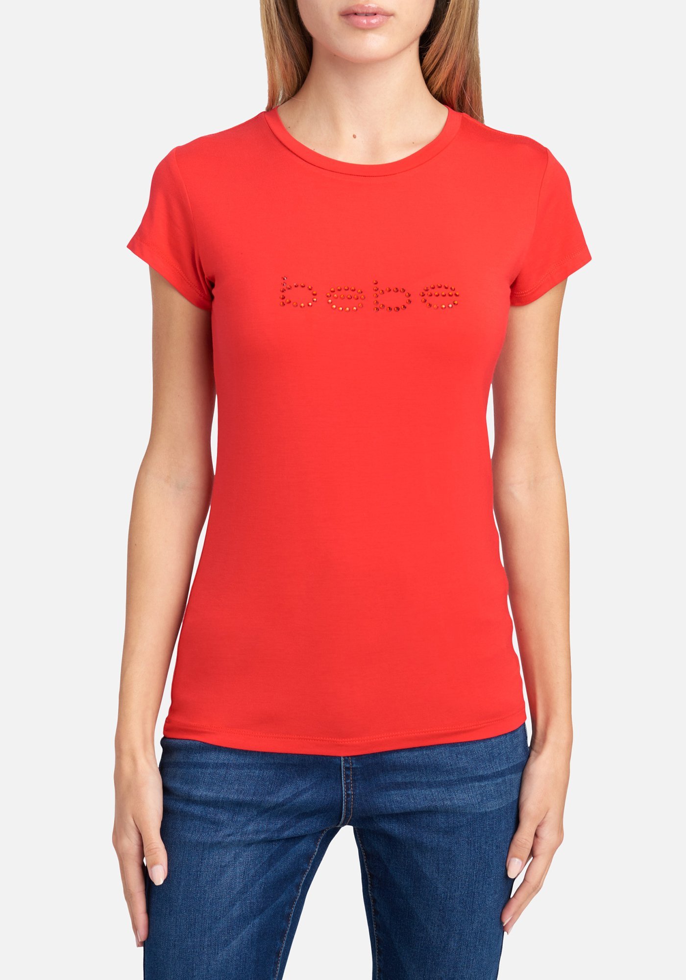 Women's Bebe Logo Rhinesone Tee Shirt, Size Small in Red Spandex