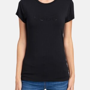 Women's Bebe Logo Tonal Rhinestone Tee Shirt, Size Small in Black Spandex