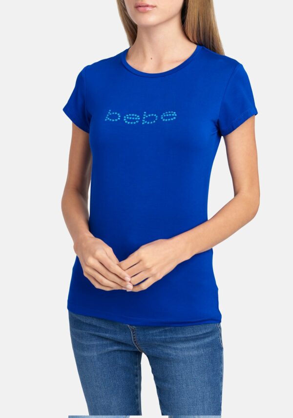 Women's Bebe Logo Tonal Rhinestone Tee Shirt, Size Medium in Surf The Web Spandex