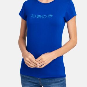 Women's Bebe Logo Tonal Rhinestone Tee Shirt, Size Small in Surf The Web Spandex