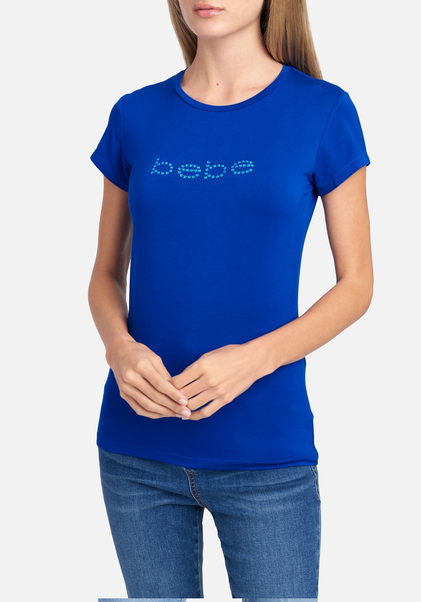 Women's Bebe Logo Tonal Rhinestone Tee Shirt, Size Large in Surf The Web Spandex