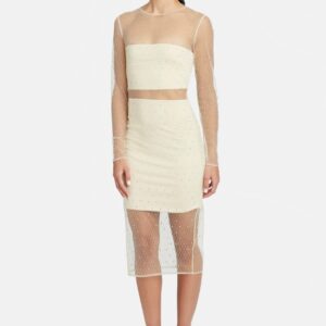Bebe Women's Sparkle Mesh Midi Dress, Size XS in Buttercream/Crystal Polyester