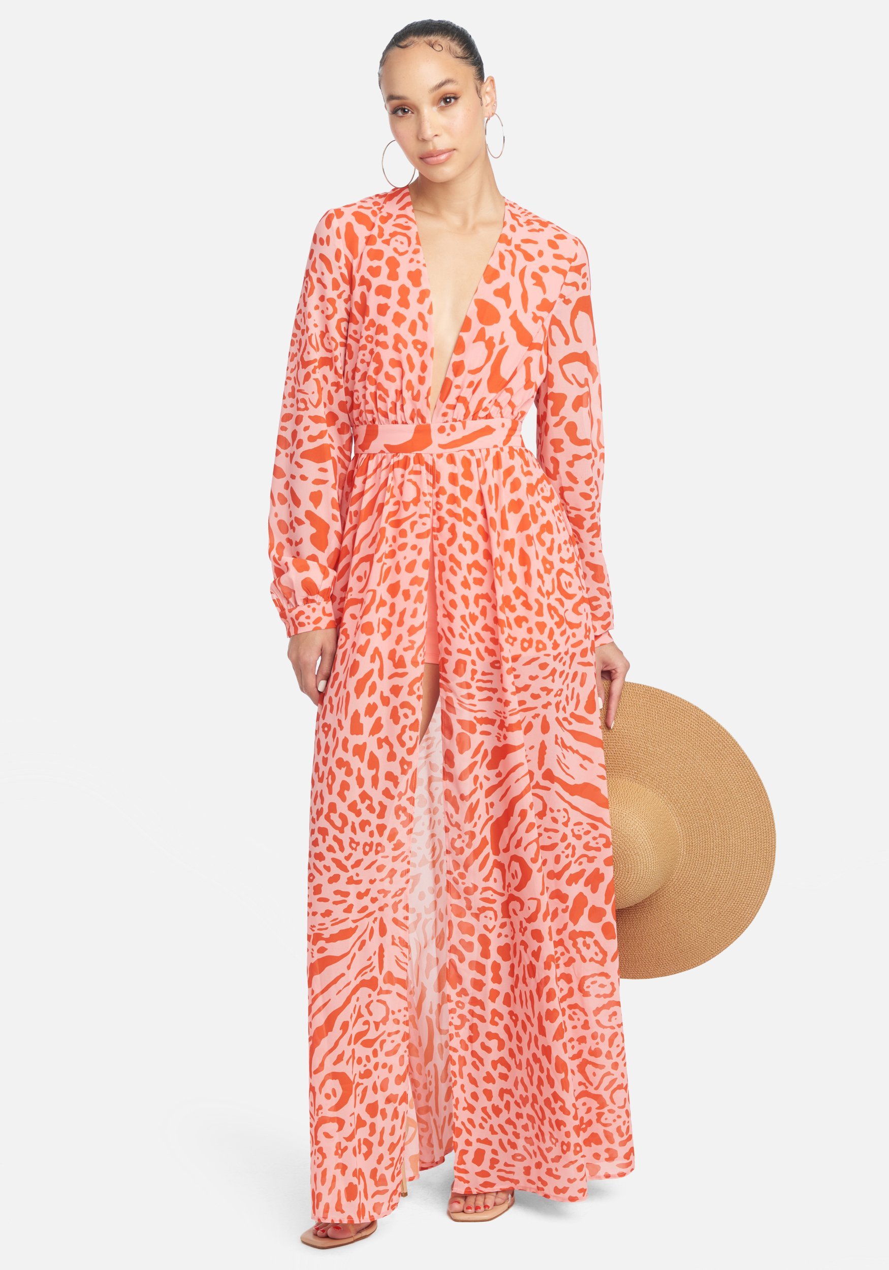 Bebe Women's Printed Deep V Maxi Dress, Size Medium in Tiger Leopard Print Polyester/Viscose