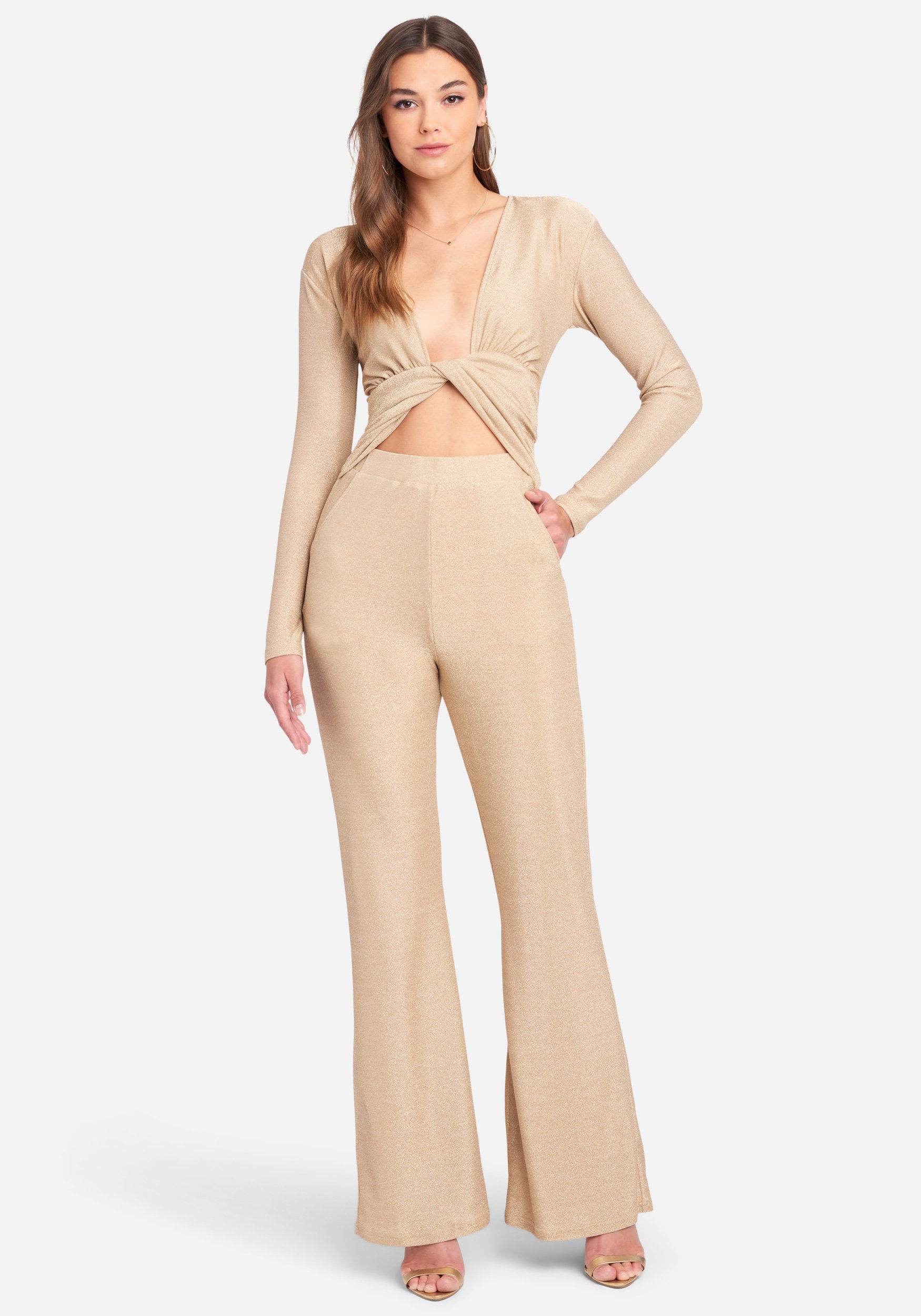 Bebe Women's Sparkle Knot Front Jumpsuit, Size XS in Gold Metal