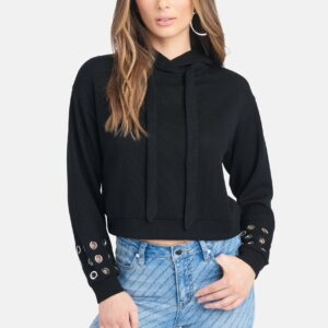 Bebe Women's Grommet Detail Hooded Crop Sweater, Size Large in Black