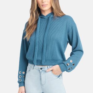 Bebe Women's Grommet Detail Hooded Crop Sweater, Size Small in Steel Blue