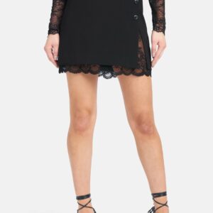 Bebe Women's Button Detail Twill Lace Mini Skirt, Size 12 in Black Spandex/Viscose