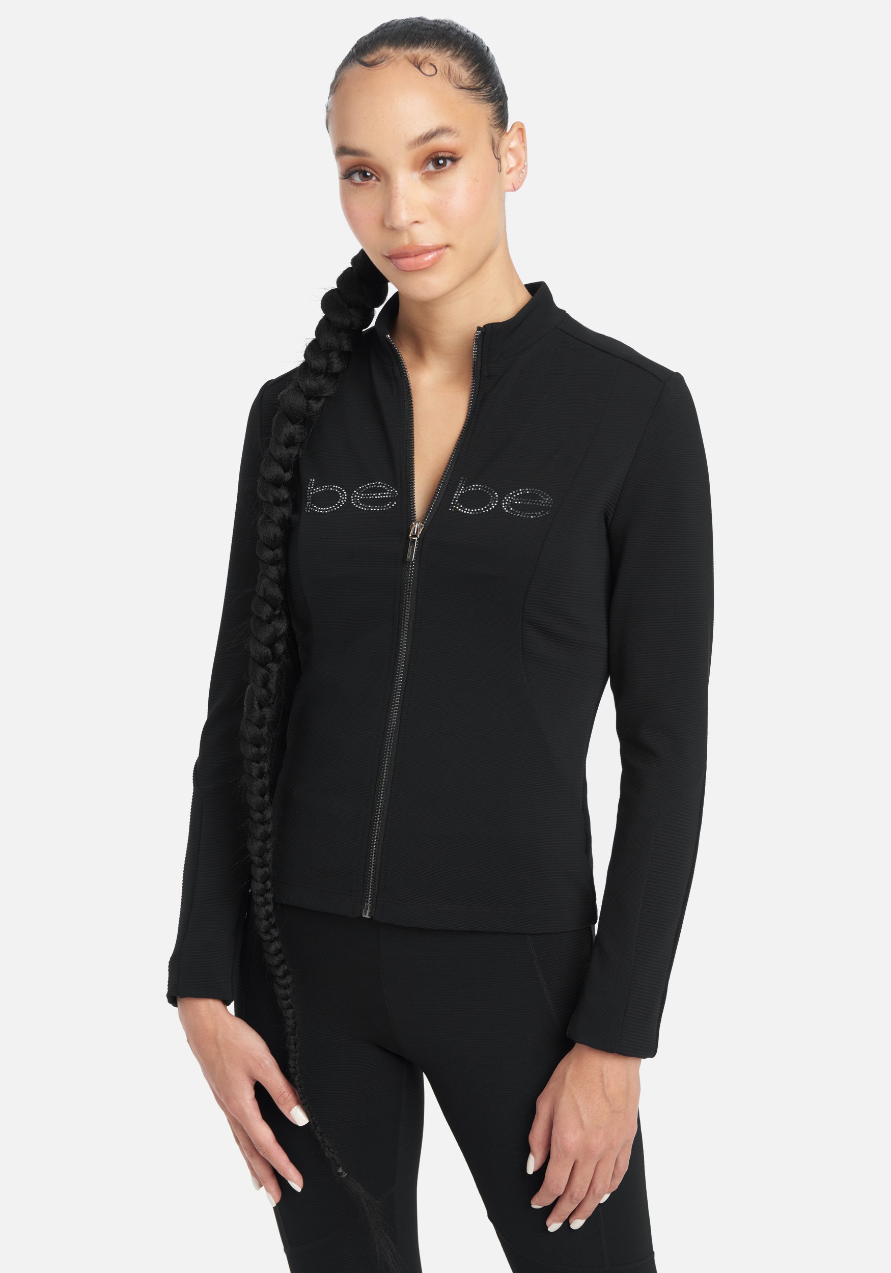 Women's Bebe Logo Ottoman Knit Zip Up Jacket, Size Medium in Black Spandex/Nylon
