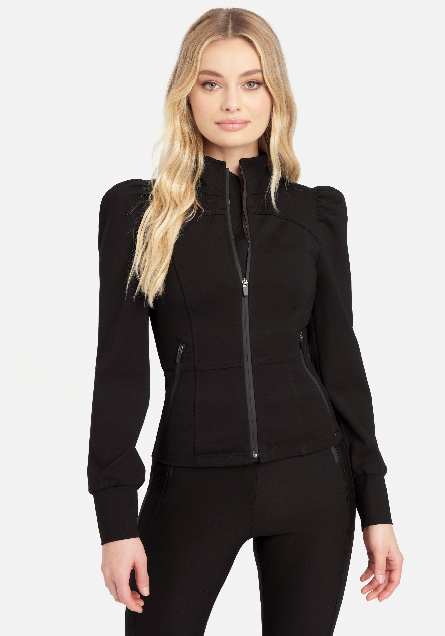 Bebe Women's Ponte Zipper Detail Jacket, Size Large in Black Spandex/Nylon