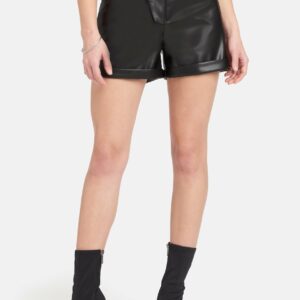 Bebe Women's Faux Leather Exposed Button Shorts, Size Large in Black Polyurethane