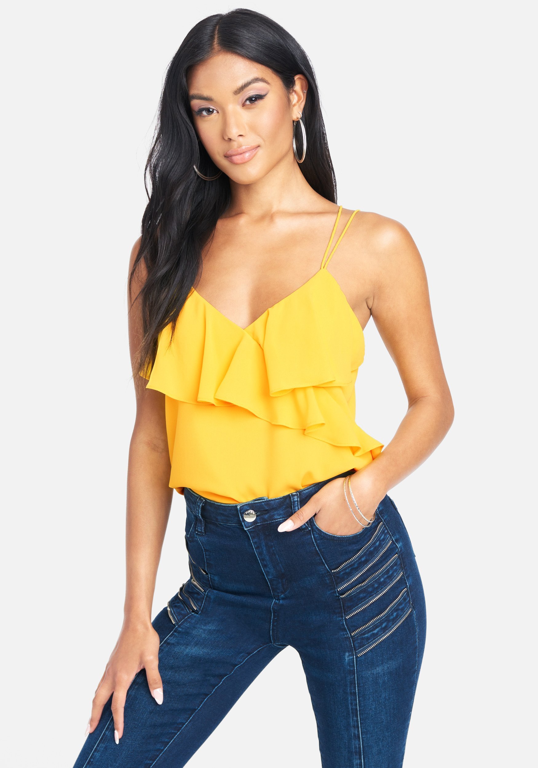 Bebe Women's Flutter Front Cami Topsole, Size 8 in Maize Yellow Polyester
