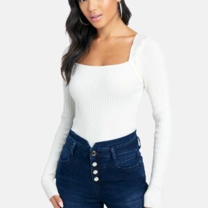 Bebe Women's Tie Back Long Sleeve Sweater, Size XL in Snow White Cotton/Viscose/Nylon