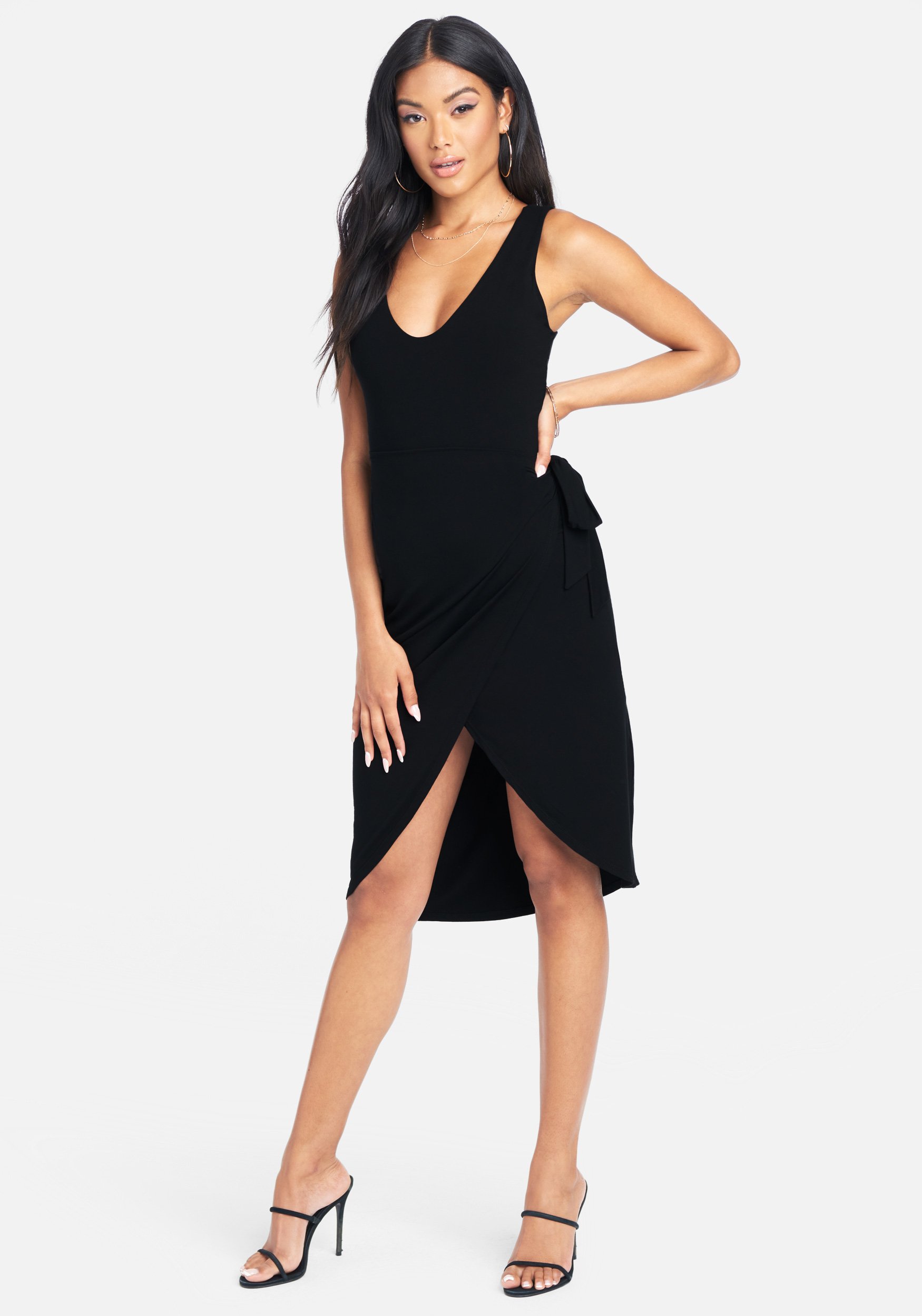 Bebe Women's Sleeveless Waist Wrap Tie Midi Dress, Size Small in Black Spandex