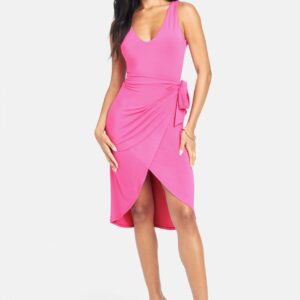 Bebe Women's Sleeveless Waist Wrap Tie Midi Dress, Size XL in Bright Rose Spandex