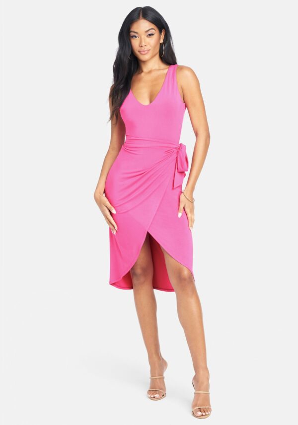 Bebe Women's Sleeveless Waist Wrap Tie Midi Dress, Size XL in Bright Rose Spandex