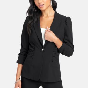 Bebe Women's Ruched Detail Stretch Twill Blazer Jacket, Size 8 in Black Spandex/Viscose