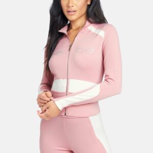 Women's Bebe Logo Color Block Crop Jacket, Size Large in New Pink Spandex/Nylon